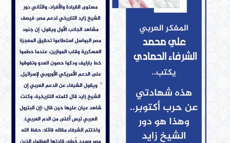 المفكر العربي الكبير علي محمد الشرفاء الحمادي يكتب: هذه شهادتي عن نصر أكتوبر ودور الشيخ زايد التاريخي .. وإن مصر لمنصورة